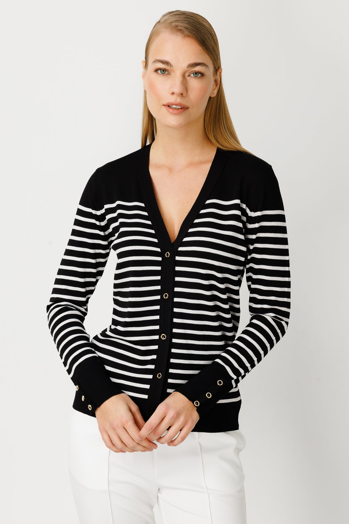 BASIC V-NECK STRIPE CARDIGAN ECRU-BLACK