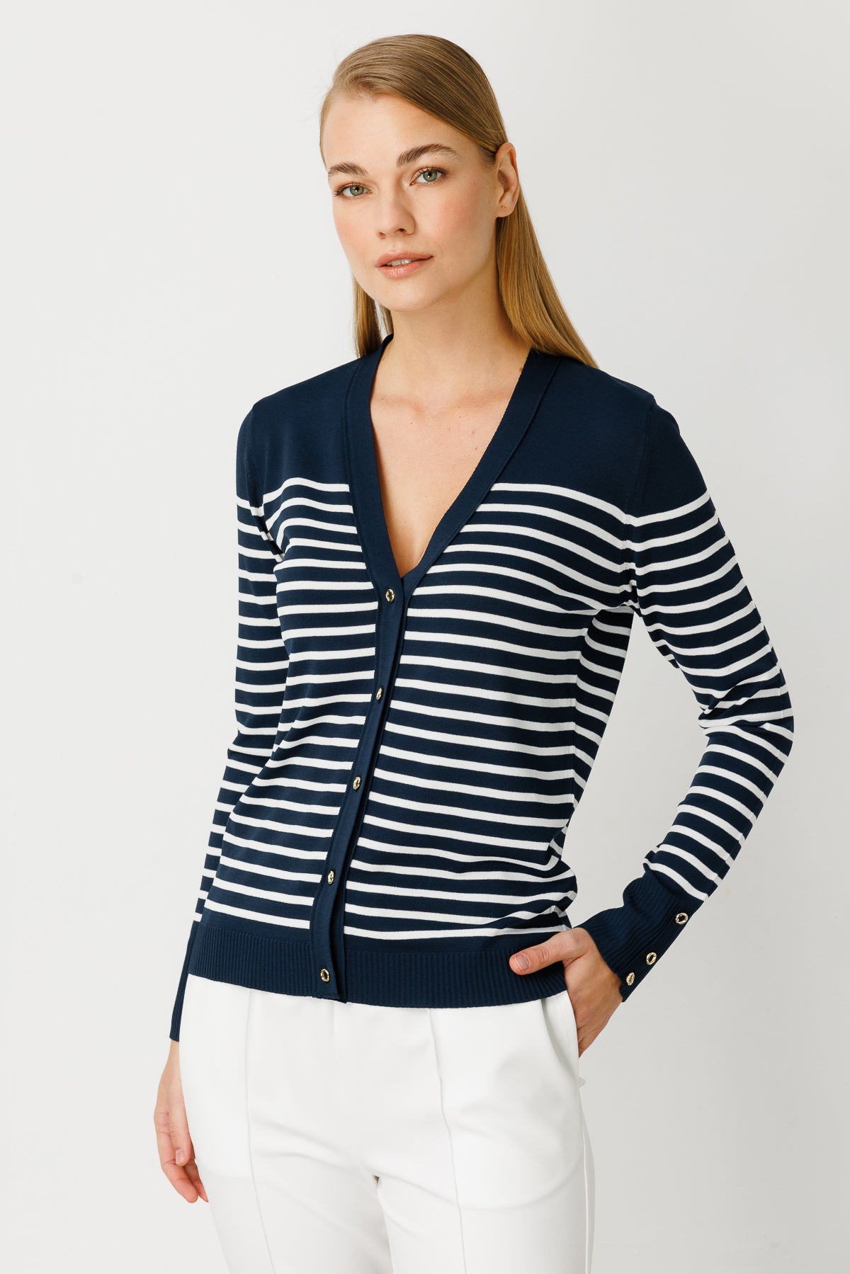 BASIC V-NECK STRIPE CARDIGAN ECRU-NAVY